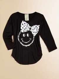 Don't worry, be happy, it's a cheery top with metallic smiley face and polka dot bow.ScoopneckLong sleevesPullover styleRound hem95% rayon/5% spandexHand washMade in the USA of imported fabric Don't worry, be happy, it's a cheery top with metallic smiley face and polka dot bow.ScoopneckLong sleevesPullover styleRound hem95% rayon/5% spandexHand washMade in the USA of imported fabric