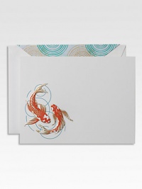An ancient Chinese tale places the koi fish at the top of a waterfall, swimming not down, but rather up. For his feat, he is turned into a dragon, solidifying him as a symbol of success and prosperity and the centerpiece of your most coveted correspondence. Set of 8 cards and envelopesApprox. 4½ X 6 Made in USA An ancient Chinese tale places the koi fish at the top of a waterfall, swimming not down, but rather up. For his feat, he is turned into a dragon, solidifying him as a symbol of success and prosperity and the centerpiece of your most coveted correspondence. Set of 8 cards and envelopesApprox. 4½ X 6 Made in USA