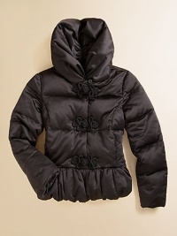 Crafted with thick down fill, a filled hood and an adorable peplum hem, the essential jacket combines unbeatable warmth and a sweet look.Ruched hooded collarLong sleeves with inset rib-knit cuffsConcealed snap-front with soutache cord loop-and-knot closuresSide-seam hand pocketsPeplum hemOutside: PolyesterFill: Down/Other feathersMachine washImported Please note: Number of buttons/snaps may vary depending on size ordered. Crafted with thick down fill, a filled hood and an adorable peplum hem, the essential jacket combines unbeatable warmth and a sweet look.Ruched hooded collarLong sleeves with inset rib-knit cuffsConcealed snap-front with soutache cord loop-and-knot closuresSide-seam hand pocketsPeplum hemOutside: PolyesterFill: Down/Other feathersMachine washImported Please note: Number of buttons/snaps may vary depending on size ordered.