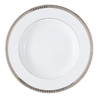 Beautiful, white Limoges porcelain with a dynamic platinum border, the geometric motif of the Athena collection creates a dimensional and graphic appearance. Also available with gold border.