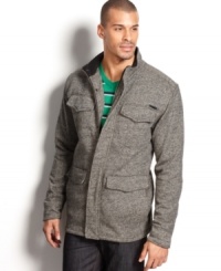 Keep warm in this sherpa lined jacket by 3rd & Amy designed with 4 front style pockets for military appeal. Keep warm in this sherpa lined jacket by 3rd & Amy designed with 4 front style pockets for military appeal.