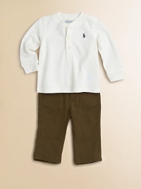 A soft cotton mesh henley is paired with classic twill pants for a preppy set. Shirt Ribbed crewneckLong sleevesButton-front Pants Button closureWaistband with belt loops and D-ring beltZip flySlant hand pocketsBack button-flap patch pocketCottonMachine washImported Please note: Number of buttons may vary depending on size ordered. A soft cotton mesh henley is paired with classic twill pants for a preppy set. Shirt Ribbed crewneckLong sleevesButton-front Pants Button closureWaistband with belt loops and D-ring beltZip flySlant hand pocketsBack button-flap patch pocketCottonMachine washImported Please note: Number of buttons may vary depending on size ordered.