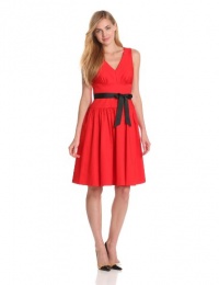 Calvin Klein Women's V-Neck Belted Fit And Flare Dress, Poppy, 6 Calvin Klein Women's V-Neck Belted Fit And Flare Dress, Poppy, 6