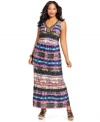 Make a standout statement with Elementz' sleeveless plus size maxi dress, featuring a bold print and beaded neckline.