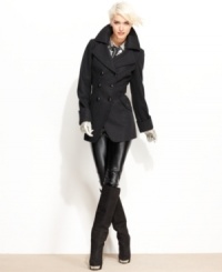 With a cool cutaway hem, GUESS makes this classic pea coat feel fresh! Pop the collar for an edgier outerwear look. With a cool cutaway hem, GUESS makes this classic pea coat feel fresh! Pop the collar for an edgier outerwear look.
