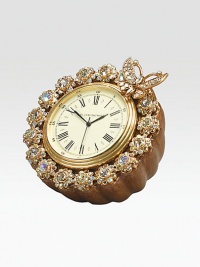 Carefully placed Swarovski crystals lend an opulent, heirloom-quality touch to this charming little desk clock, handcrafted in light goldplated pewter with a charming butterfly detail. From the Canary Diamond Collection Battery operated 3W X 3H X 2¾D Handmade in USA Carefully placed Swarovski crystals lend an opulent, heirloom-quality touch to this charming little desk clock, handcrafted in light goldplated pewter with a charming butterfly detail. From the Canary Diamond Collection Battery operated 3W X 3H X 2¾D Handmade in USA