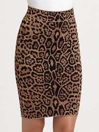 Leopard-print intarsia turns this fitted pencil silhouette into a show-stopping stunner.High waistbandFlat-frontPull-on styleHi-lo hemAbout 22 long86% rayon/13% nylon/1% spandexDry cleanImportedModel shown is 5'8½ (174cm) wearing US size Small. Leopard-print intarsia turns this fitted pencil silhouette into a show-stopping stunner.High waistbandFlat-frontPull-on styleHi-lo hemAbout 22 long86% rayon/13% nylon/1% spandexDry cleanImportedModel shown is 5'8½ (174cm) wearing US size Small.