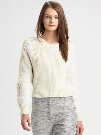 Pure knit wit-- this chunky, wool-blend sweater has an abbreviated silhouette and ribbed panels. RoundneckLong sleevesRolled cuffsBack besom pockets50% wool/25% acrylic/13% nylon/12% alpacaDry cleanImported of Italian fabricModel shown is 5'10 (177cm) wearing US size Small. Pure knit wit-- this chunky, wool-blend sweater has an abbreviated silhouette and ribbed panels. RoundneckLong sleevesRolled cuffsBack besom pockets50% wool/25% acrylic/13% nylon/12% alpacaDry cleanImported of Italian fabricModel shown is 5'10 (177cm) wearing US size Small.