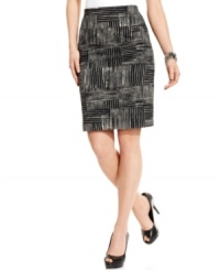 A sleek bandage skirt from Alfani gives your look graphic pop with its allover crosshatch pattern. Wear it to work and then dress it up with accessories for a night out. A sleek bandage skirt from Alfani gives your look graphic pop with its allover crosshatch pattern. Wear it to work and then dress it up with accessories for a night out.