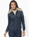 Forever classic and always chic, a soft jean jacket is rendered in washed denim for a timeworn look and feel.