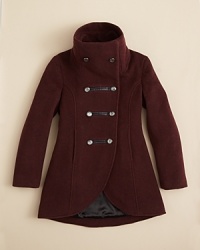 Dress her up in this military-inspired wool jacket, featuring a dramatic high collar and rounded front hem with leather accents. Dress her up in this military-inspired wool jacket, featuring a dramatic high collar and rounded front hem with leather accents.