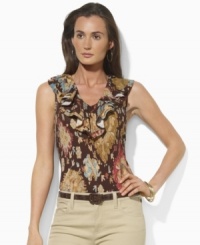 Rendered in light-as-air tissue cotton, Lauren by Ralph Lauren's sleeveless top exudes rustic beauty with an earthy medallion pattern and chic ruffles at the neckline Rendered in light-as-air tissue cotton, Lauren by Ralph Lauren's sleeveless top exudes rustic beauty with an earthy medallion pattern and chic ruffles at the neckline