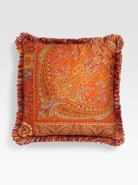 Tonal swirls of paisley-style color on fine cotton satin with a solid red backing. Fringed edges18 squareCotton with polyfillDry cleanMade in Italy Tonal swirls of paisley-style color on fine cotton satin with a solid red backing. Fringed edges18 squareCotton with polyfillDry cleanMade in Italy