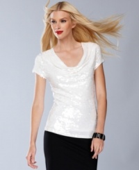 The graceful draping on INC's cowlneck top goes glamorous with a coating of pailette sequins! The graceful draping on INC's cowlneck top goes glamorous with a coating of pailette sequins!