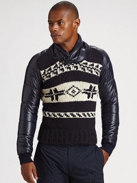 Get the best of both worlds with this stylish knit sweater accented with a nylon collar and sleeves.Shawl collar with double loop-and-button closureLong down-filled sleeves with ribbed knit cuffsPull-on styleRibbed hemBody: 95% wool/5% cashmere; collar and sleeves: nylonFill: 80% down/20% other feathersDry cleanImported Get the best of both worlds with this stylish knit sweater accented with a nylon collar and sleeves.Shawl collar with double loop-and-button closureLong down-filled sleeves with ribbed knit cuffsPull-on styleRibbed hemBody: 95% wool/5% cashmere; collar and sleeves: nylonFill: 80% down/20% other feathersDry cleanImported