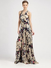 Enlivened by an abstract floral print, this floor-sweeping silk silhouette has ties at the waist and neckline that conclude with a darling bow. V-neck with self tieSleevelessSelf tie at waistFully linedAbout 50 from natural waistSilkDry cleanImportedModel shown is 5'10 (177cm) wearing US size 2. Enlivened by an abstract floral print, this floor-sweeping silk silhouette has ties at the waist and neckline that conclude with a darling bow. V-neck with self tieSleevelessSelf tie at waistFully linedAbout 50 from natural waistSilkDry cleanImportedModel shown is 5'10 (177cm) wearing US size 2.