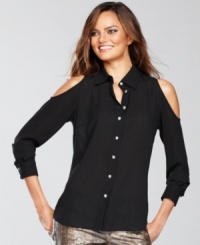 Not your average shirt, INC's festive version features sparkling rhinestone buttons and alluring shoulder cutouts! Not your average shirt, INC's festive version features sparkling rhinestone buttons and alluring shoulder cutouts!