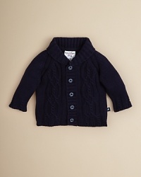 A soft cotton cardigan sweater with cableknit detail and a foldover collar. A soft cotton cardigan sweater with cableknit detail and a foldover collar.