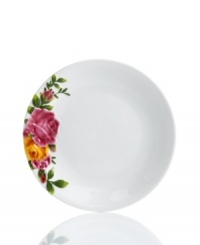 An English classic blooms anew on this white dinnerware. With a cluster of pink and gold blossoms, the Majolica tidbit plates from Royal Albert evoke all the elegance of the original Old Country Roses pattern but with a more casual, contemporary feel. An English classic blooms anew on this white dinnerware. With a cluster of pink and gold blossoms, the Majolica tidbit plates from Royal Albert evoke all the elegance of the original Old Country Roses pattern but with a more casual, contemporary feel.