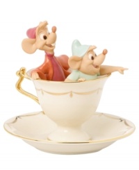 Cinderella's little helpers, Jaq and Gus, go for a ride in a gold-patterned teacup fit for a princess and made for Disney fans in beautiful Lenox porcelain. Cinderella's little helpers, Jaq and Gus, go for a ride in a gold-patterned teacup fit for a princess and made for Disney fans in beautiful Lenox porcelain.