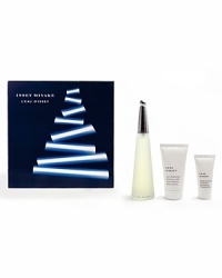A fragrance that is pure, serene and timeless, evoking authenticity and simplicity.Issey Miyake presents L'Eau d'Issey in a luxurious, three-piece gift set featuring a 3.3 oz. Eau de Toilette Spray, 2.5 oz. Moisturizing Body Cream and 1 oz. Shower Cream. A fragrance that is pure, serene and timeless, evoking authenticity and simplicity.Issey Miyake presents L'Eau d'Issey in a luxurious, three-piece gift set featuring a 3.3 oz. Eau de Toilette Spray, 2.5 oz. Moisturizing Body Cream and 1 oz. Shower Cream.