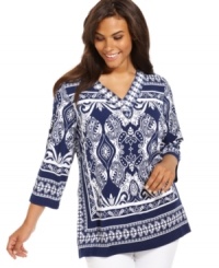 JM Collection's printed plus size tunic top is a perfect match for your neutral causal bottoms. JM Collection's printed plus size tunic top is a perfect match for your neutral causal bottoms.