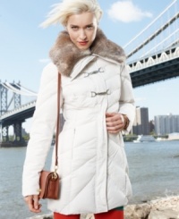 A cross between a duffel coat and puffer, Jessica Simpson's topper offers a fresh way to stay warm! Faux fur adds a cozy touch to this edgy mix. A cross between a duffel coat and puffer, Jessica Simpson's topper offers a fresh way to stay warm! Faux fur adds a cozy touch to this edgy mix.