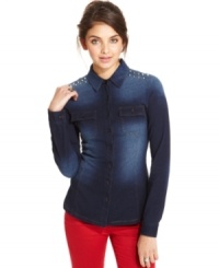 Denim-blue hue with intense fading and spiked studs at the shoulders are mega-cool details on an awesome button-down top! From American Rag. Denim-blue hue with intense fading and spiked studs at the shoulders are mega-cool details on an awesome button-down top! From American Rag.