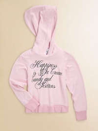 This ultra-cozy varsity hoodie is adorned with happy, vintage-inspired script.Attached hoodLong sleevesPullover styleRibbed cuffs and hem50% cotton/50% spandexMachine washMade in USA This ultra-cozy varsity hoodie is adorned with happy, vintage-inspired script.Attached hoodLong sleevesPullover styleRibbed cuffs and hem50% cotton/50% spandexMachine washMade in USA