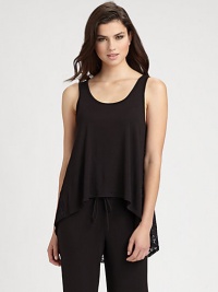 This drapey silhouette is updated with a back floral lace insert, feminine pleating and a hi-lo hem. ScoopneckSleevelessHi-lo hemSemi-sheer floral lace back insertScoop backPleated back yokeAbout 25 from shoulder to hemModal/spandexMachine washImported This drapey silhouette is updated with a back floral lace insert, feminine pleating and a hi-lo hem. ScoopneckSleevelessHi-lo hemSemi-sheer floral lace back insertScoop backPleated back yokeAbout 25 from shoulder to hemModal/spandexMachine washImported