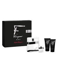 The F by Ferragamo Black Special Travel Coffret includes a 3.4 oz. Eau de Toilette Spray, 0.2 oz. Deluxe Miniature Spray, 1.7 oz. Shampoo & Shower Gel, and a 1.7 oz. After Shave. The F by Ferragamo Black Special Travel Coffret includes a 3.4 oz. Eau de Toilette Spray, 0.2 oz. Deluxe Miniature Spray, 1.7 oz. Shampoo & Shower Gel, and a 1.7 oz. After Shave.