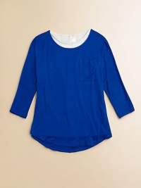 She'll look stylish all day in this comfy knit with a two-tone layered neckline and front patch pocket. Double-layered crewneckDropped shouldersLong sleevesFront patch pocketU-shaped hemRayon/spandexMachine washMade in USA of imported fabric She'll look stylish all day in this comfy knit with a two-tone layered neckline and front patch pocket. Double-layered crewneckDropped shouldersLong sleevesFront patch pocketU-shaped hemRayon/spandexMachine washMade in USA of imported fabric