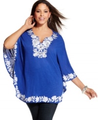 Flaunt your love of boho style with INC's batwing sleeve plus size top, accented by charming embroidery. Flaunt your love of boho style with INC's batwing sleeve plus size top, accented by charming embroidery.