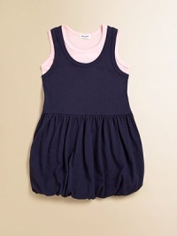 Adorable, layered-look frock in a soft knit with sweet bubble hem.ScoopneckSleevelessPullover styleBubble hem50% pima cotton/50% modalMachine washImported Adorable, layered-look frock in a soft knit with sweet bubble hem.ScoopneckSleevelessPullover styleBubble hem50% pima cotton/50% modalMachine washImported