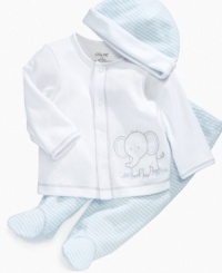Cover him from head to toe in comfort and cuteness with this 3-piece shirt, footed pant and hat set from Little Me. Cover him from head to toe in comfort and cuteness with this 3-piece shirt, footed pant and hat set from Little Me.