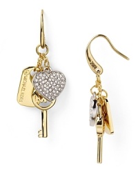 Playful glamor is a hallmark of the Michael Kors brand. Make the look your signature with this pair of charm-embellished drop earrings in gold-plated metal. Playful glamor is a hallmark of the Michael Kors brand. Make the look your signature with this pair of charm-embellished drop earrings in gold-plated metal.