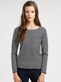 Striped, long-sleeve pocket tee renewed by a plush wool finish and ribbed trim. BoatneckSingle front patch pocketLong sleevesRibbed cuffs and hemWoolDry cleanImportedModel shown is 5'10 (177cm) wearing US size Small. Striped, long-sleeve pocket tee renewed by a plush wool finish and ribbed trim. BoatneckSingle front patch pocketLong sleevesRibbed cuffs and hemWoolDry cleanImportedModel shown is 5'10 (177cm) wearing US size Small.