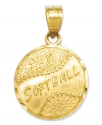 The perfect gift for the softball star, this 14k gold softball charm reads #1 Softball on a polished and textured surface. Chain not included. Approximate length: 4/5 inch. Approximate width: 1/2 inch. The perfect gift for the softball star, this 14k gold softball charm reads #1 Softball on a polished and textured surface. Chain not included. Approximate length: 4/5 inch. Approximate width: 1/2 inch.