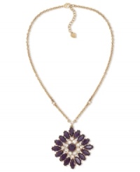 Pretty up your neckline. Carolee's pendant necklace features a sunburst pattern with glass accents and colorful epoxy stones. Crafted from 12k gold-plated mixed metal. Approximate length: 16 inches + 2-inch extender. Approximate drop: 2 inches. Pretty up your neckline. Carolee's pendant necklace features a sunburst pattern with glass accents and colorful epoxy stones. Crafted from 12k gold-plated mixed metal. Approximate length: 16 inches + 2-inch extender. Approximate drop: 2 inches.