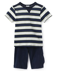 This handsome stripe shirt is paired with solid contrast shorts for a reliable outfit you'll keep reaching for. This handsome stripe shirt is paired with solid contrast shorts for a reliable outfit you'll keep reaching for.