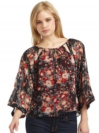 THE LOOKSheer floral designRound neckline Cutout details and drawstring closureThree-quarter length dolman sleeves THE FITAbout 25 from shoulder to hemTHE MATERIALSilkCARE & ORIGINDry cleanImportedModel shown is 5'10 (177cm) wearing US size Small. THE LOOKSheer floral designRound neckline Cutout details and drawstring closureThree-quarter length dolman sleeves THE FITAbout 25 from shoulder to hemTHE MATERIALSilkCARE & ORIGINDry cleanImportedModel shown is 5'10 (177cm) wearing US size Small.