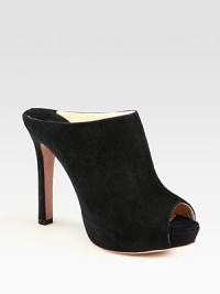 Suede mule design with a peep toe and internal platform. Self-covered heel, 4½ (115mm)Partially hidden platform, 1 (25mm)Compares to a 3½ heel (90mm)Suede upperPeep toeLeather lining and solePadded insoleMade in ItalyOUR FIT MODEL RECOMMENDS ordering one size up as this style runs small. Suede mule design with a peep toe and internal platform. Self-covered heel, 4½ (115mm)Partially hidden platform, 1 (25mm)Compares to a 3½ heel (90mm)Suede upperPeep toeLeather lining and solePadded insoleMade in ItalyOUR FIT MODEL RECOMMENDS ordering one size up as this style runs small.