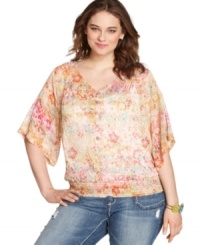 Cool details like a sheer fabric and henley styling set American Rag's plus size top apart from the rest! Cool details like a sheer fabric and henley styling set American Rag's plus size top apart from the rest!