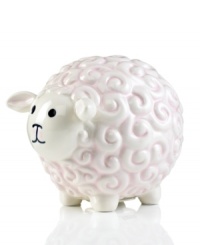 Your little one will always look after her savings in the too-cute Little Girl with a Curl sheep bank from Gorham. With a curly pink coat, pink ears and button nose, it's irresistible to parents and kids alike. Your little one will always look after her savings in the too-cute Little Girl with a Curl sheep bank from Gorham. With a curly pink coat, pink ears and button nose, it's irresistible to parents and kids alike.