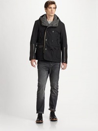 Slim-leg denim with authentic distressing throughout the leg and folded back pocket detailing for an unexpected finish.Five-pocket styleButton-flyInseam, about 30CottonMachine washImported of Italian fabric Slim-leg denim with authentic distressing throughout the leg and folded back pocket detailing for an unexpected finish.Five-pocket styleButton-flyInseam, about 30CottonMachine washImported of Italian fabric