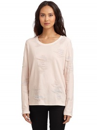 THE LOOKCrewneckDistressed and frayed details throughoutLong sleevesPullover styleTHE FITAbout 25 from shoulder to hemTHE MATERIALCotton/polyester/spandexCARE & ORIGINMachine washMade in USAModel shown is 5'8 (172½cm) wearing US size Small. THE LOOKCrewneckDistressed and frayed details throughoutLong sleevesPullover styleTHE FITAbout 25 from shoulder to hemTHE MATERIALCotton/polyester/spandexCARE & ORIGINMachine washMade in USAModel shown is 5'8 (172½cm) wearing US size Small.