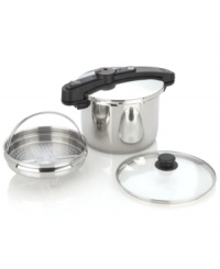 This one is for the cooks-experience the ease & convenience of a pressure cooker in the kitchen. Crafted from 18/10 stainless steel, this must-have features a pressure indicator that takes the guesswork out of prep and two pressure positions for precision results. Plus, an easy-to-read measurement line on the interior makes safety a must by letting you know when you have reached the recommended fill capacity. 10-year warranty. This one is for the cooks-experience the ease & convenience of a pressure cooker in the kitchen. Crafted from 18/10 stainless steel, this must-have features a pressure indicator that takes the guesswork out of prep and two pressure positions for precision results. Plus, an easy-to-read measurement line on the interior makes safety a must by letting you know when you have reached the recommended fill capacity. 10-year warranty.