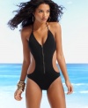 A sexy silhouette with a zipper accent gives this monokini swimsuit a fashion-forward look, by R Collection By Raisins.