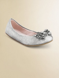 Shimmery leather flats with a soft leather front bow.Leather upperLeather footbed and liningPadded insoleLeather and rubber soleImported Shimmery leather flats with a soft leather front bow.Leather upperLeather footbed and liningPadded insoleLeather and rubber soleImported