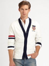 An effortless layering essential, a preppy cardigan channels vintage character in authentic weathered fleece with heritage details.Button-frontWaist patch pockets87% cotton/13% acrylicMachine washImported An effortless layering essential, a preppy cardigan channels vintage character in authentic weathered fleece with heritage details.Button-frontWaist patch pockets87% cotton/13% acrylicMachine washImported